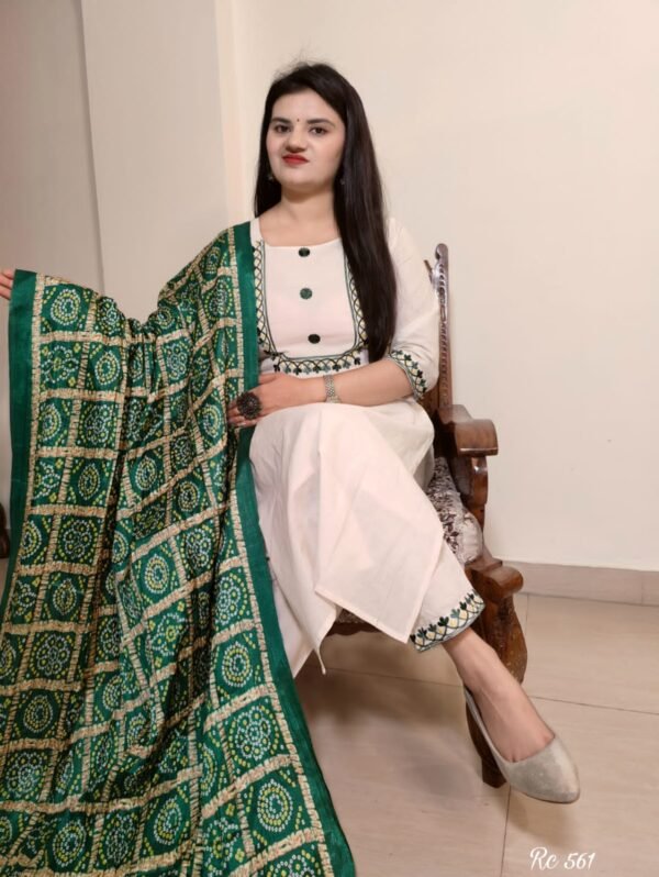 Cotton Kurti With Pant And Bandhej Printed Silk Du...