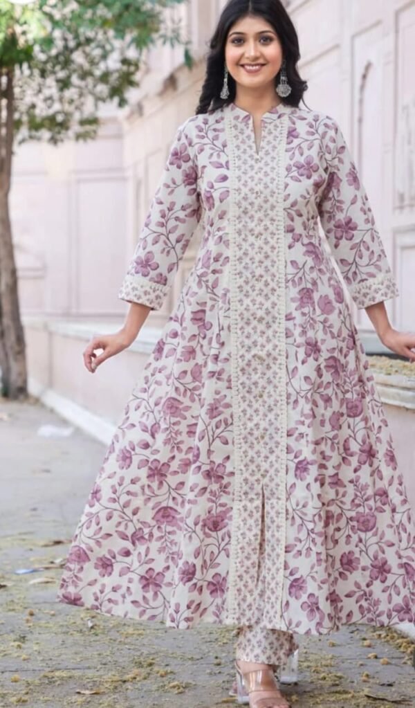 Lilac Ivory Floral Anarkali Suit Set