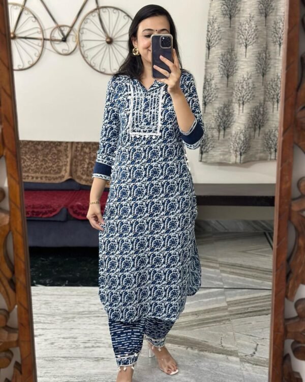 Indigo Print Afgani Cord-Set in Cotton with Lace D...